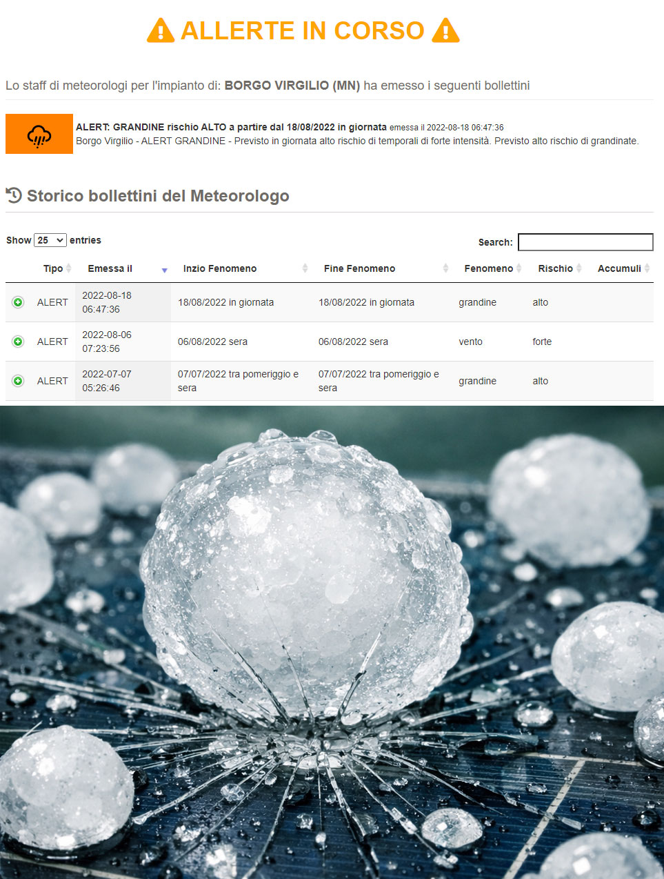 Grandine su impianto fotovoltaico - rischio rottura moduli e protezione tracker